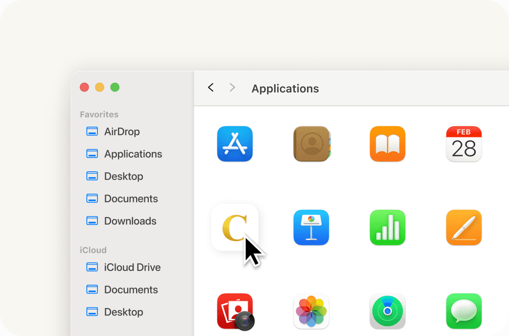 Opening Cordia from the Applications folder in Finder