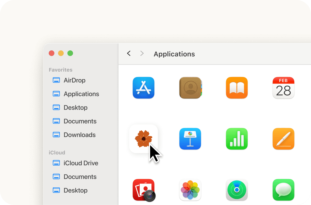 Opening Cordia from the Applications folder in Finder